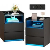 BEWISHOME Nachttisch 2er Set mit RGB-LED-Beleuchtung und Ladestation, 40x35x60 cm (2-St), Gehärtete Glasplatte, 2 Schubladen & Offenes Fach