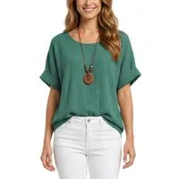 dy_mode Kurzarmbluse Damen Kurzarm Bluse Leichte Sommer Tunika Baumwollbluse Oberteil in Unifarbe, mit passende Kette