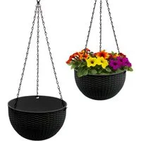 Spetebo Blumenampel in Rattan Optik - 23 cm - mit schwarzer Metallkette (Anzahl, 1 St., Stück), Drainage mit Verschluss-Stopfen