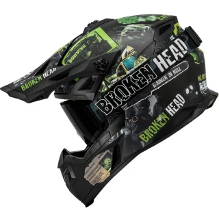 Broken Head Supermoto- &amp; Motocross-Helm Resolution Grün + MX-Brille Regulator Schwarz