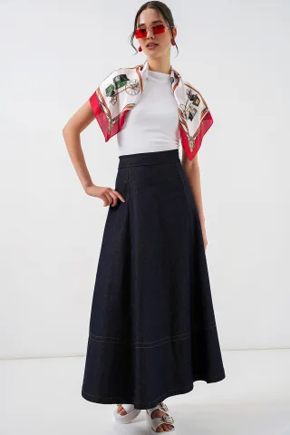 Hoch taillierter Denim A-Linien Maxi-Rock mit Taschen