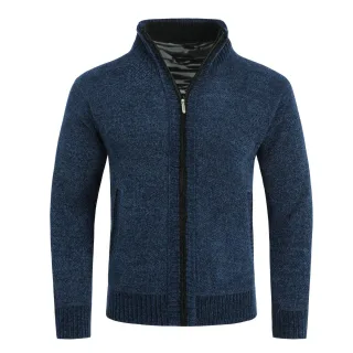 Herren-Cardigan mit Rei?verschluss, Stehkragen und gefuttertem Grobstrickpullover Blau