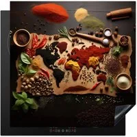MuchoWow Herd-Abdeckplatte Kräuter - Gewürze - Weltkarte - Braun - Löffel - Farbenfroh, Vinyl, (1 tlg), Cerankochfeld Abdeckung, Herd Abdeckplatten Vinyl, 58x59 cm