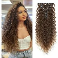 LuxusKollektion Kunsthaar-Extension Haarverlängerungen Clipin Locken 56 CM Dunkelbraun bis Karamellbraun