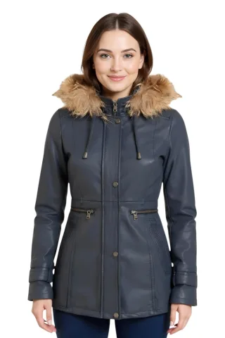 Blaue Parkajacke aus Leder mit Kapuze für Damen – Charleville