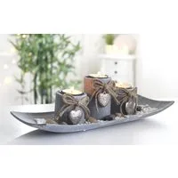 LB H&F Lilienburg Teelichthalter mit Tablett Teelichthalter Kerzenhalter Kerzenständer Windlicht SET (Vintage modern edel Design Tischdeko Tischdekoration silber Herz Winter Herbst Advent Weihnachten Weihnachtsdeko GRAU LANG), Geschenkset Dekoteller 