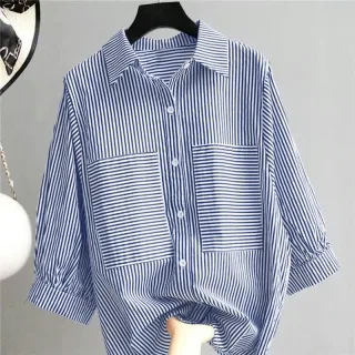 ZANZEA Women's Striped Shirt Summer 3/4 Sleeve Lantern Sleeve Front Pockets Casual Blouse Top