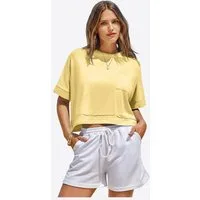 Imily Bela T-Shirt Damen Oversize Cropped Kurzarm Sommer Basic Casual mit Brusttasche (Packung, 1-tlg., 1per-Pack) mit Rundhalsausschnitt in Unifarbe