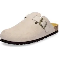 MIDS MONTY Damen Pantolette beige mit Velourleder & Rauleder-Fußbett, Komfort-Clog