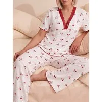 Elegant Love Pyjama Damen Schlafanzug mit Kirschprint, Nachtwäsche-Set (Set, 2 tlg., Kurzarm-Oberteil + lange Schlafhose) Hausanzug Frauen, Loungewear-Zweiteiler mit T-Shirt und Relaxhose