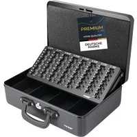 HMF Geldkassette Geldkassette mit EURO-Münzzählbrett, 4 Scheinfächer für 5-50 € Scheine, Geldzählkassette mit Koffertragegriff, 36 x 25 x 11 cm, Schwarz