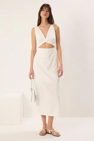 ecrufarbenes, gerades, ärmelloses Midikleid für Damen, lässig/alltagstauglich