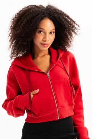 JUSTEVER Crop-Hoodie mit Reißverschluss, Kängurutasche und erhöhtem Bund, rot, Damen-Sweatshirt - Lumen