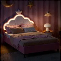 PXloue Polsterbett Kinderbett Jugendbett (Kopfteil hochstellbar), Doppelbett,kronenförmige-Kopfteil,mit LED und Lattenrost,140x200cm