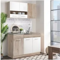 Homestyle4u Küchenzeile 120 cm ohne Geräte Singleküche Küchenschränke Weiß matt Eiche Braun, (Oberschränke, Unterschränke, 2 Arbeitsplatten, Einbauküche), Küchenblock, Einbauküche, Miniküche