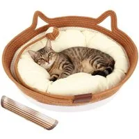 BlingBin Tierbett Katzenbett aus Baumwollseil, handgeflochtener Katzenkorb, Waschbar, Haustierbett mit Kissen, Kratzmatte und Spielzeugschwanz, Indoor