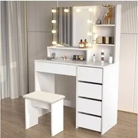 oyajia Schminktisch Schminktisch mit LED-Beleuchtung, Spiegel und Hocker, 94x40x140 cm (Frisiertisch Kosmetiktisch Hollywood, Set), für kleine bis mittelgroße Räume geeignet ist