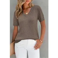 Arach&Cloz Kurzarmpullover Damen Pullover Wollmischung Kurzarm V Ausschnitt Basic-Pullover