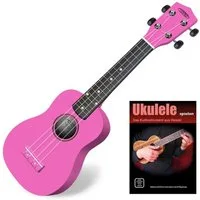 Classic Cantabile Ukulele Sopranukulele (Ukulele, Uke, 15 Bünde, leichtgängige Gitarrenmechanik), Spar-Set inklusive Ukulele-Schule