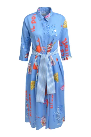 Milano Italy - shirt blouse dress w/ wide midi skirt ocean print - Gr. - 40