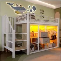 Merax Hochbett 90x200cm mit LED-Beleuchtung (1-St., Mehrzweckbett Jugendbett Einzelbett) Metall Kinderbett mit 2 Schubladen,offenem Kleiderschrank & Staufächer