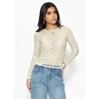 SASSYCLASSY Langarmshirt Langarmshirt aus floraler Spitze für Damen Leicht transparentes Top mit Rundhals in körpernahem Schnitt