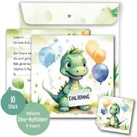 TOBJA Einladungskarten 10 Einladungskarten Dino inkl Umschläge und Sticker, Kindergeburtstag Junge Geburtstag Einladung Kinder