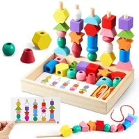Sorvyzxn Lernspielzeug Montessori-Spielzeug Fädelspiel Bausteine Sortierspiel für Kinder, Holz Stapelspiel Lernspiele ab 3 Jahre