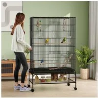 PawHut Vogelkäfig Vogelvoliere mit Sitzstangen Vogelbauer, mit Ablage, Rollen, Schwarz