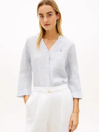 ESS LINEN COLLARLESS SHIRT Chalk Stp Ecru Blue Orbit - Gr. - M
