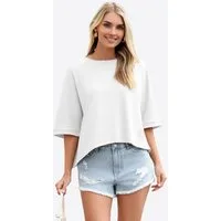 Imily Bela T-Shirt Damen Oversized Cropped Shirt Rundhals Casual Oberteil (Packung, 1-tlg., 1per-Pack) mit 3/4-Ärmeln und abgerundetem Saum in Unifarbe