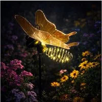 Online-Fuchs Gartenstecker - LED-Solarleuchte Schmetterling mit Lichterkette für außen (12 warmweiße LEDs, Deko Gartenfiguren) aus Metall gefertigt - ca. 93 cm groß - Gartendeko