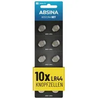 ABSINA AG13 LR44 Knopfzelle 10er Pack - 1,5V Alkaline Knopfzellen Knopfzelle, AG13 (1,5V V, 1 St), Temperaturfest von -10°C bis +50°C, langlebig, auslaufsicher