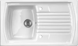 Neuesbad 1-Becken Keramikspüle mit Abtropffläche, Weiß, 860x500x230, 3,5'' mit Zubehör NB1DEZCL611N1