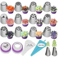 MOPUEA Spritzbeutel Russische Spritztüllen und 1 Profi-Spritzbeutel 20cm Backzubehör (Deko-Set mit Edelstahl-Garniertüllen waschbar, Wiederverwendbar, 27-tlg., 14 Spritztüllen (2 klein, 12 mittel) 11 Beutel (1 Silikon, 10 Einweg) 2 kopplers für Blume