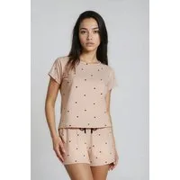 Mademoiselle Sommeil Shorty Damen Schlafanzug in Beige mit schwarzen Herzmuster (2 tlg., 1 Stück) aus 100% Baumwolle