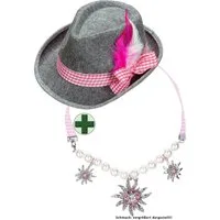 Karneval-Klamotten Kostüm Bayernhut Damen rosa grau mit Halskette Edelweiß, Accessoires für Oktoberfest