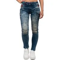 Cipo & Baxx Slim-fit-Jeans Damen Slim Fit Hose Stonewashed BA-WD358 mit modischen Ziernähten & Zier-Reißverschlüssen