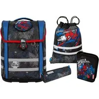 McNeill Schulranzen TENERIS Spider-Man 4-teilig mit Etui, Schlampermäppchen & Sportbeutel (Spar-Set, mit Sportbeutel, mit Schlamperrolle, mit Federtasche, mit Schlampermappe), Air-Flow Rückensystem, Leichtgewicht ca. 980 g, 4-teiliges Set