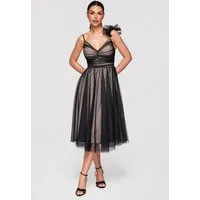 OMBRE Abendkleid Cocktailkleid Tüll Spitze Midi Schwarz M (kein Set, 1-tlg) Asymmetrische Applikation, transparente Struktur