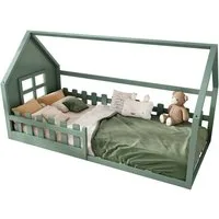 Flieks Massivholzbett, Kinderbett Hausbett Einzelbett 90x200cm mit Lattenrost und Zaun