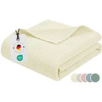 Wohndecke Musselin Decke 150 x 200 100% Baumwolle Kuscheldecke Tagesdecke Plaid, Carpe Sonno, Leichte Musselindecke für Sofa Couch Wohnzimmer Creme