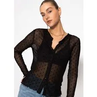 SASSYCLASSY Longshirt Mesh-Bluse mit Punktemuster für Damen Transparentes Langarmshirt mit Knopfleiste und dezentem Stehkragen