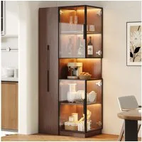 STILVORA Vitrine Glasvitrine Highboard Aufbewahrungsschrank mit Ausziehregal (Vitrinenschrank / Glasvitrine 70 × 38 × 160 cm, MDF Walnuss, Doppelglas, LED, Ausziehregale, Farbwechsel-LED) Farbwechsel-LED, platzsparend, kippsicher für Wohn-, Esszi-, K
