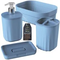 Engelland Badaccessoire-Set Badezimmer-Set, 4-teilig, bestehend aus Seifenspender, Seifenschale, Zahnbürstenhalter & Organizer, Vorteils-Set, 4 tlg., 4-teilig, modernes Design, robuster Kunststoff, BPA-frei, Rillen-Optik