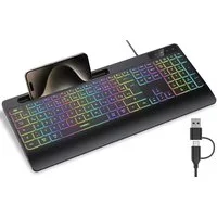 Seenda KOE200 Tastatur kabelgebunden, beleuchtet, QWERTZ, USB-C ergonomische Tastatur (3 Helligkeitsstufen,Handy-/Tablethalter,Leises Tippen)