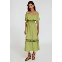 FS Collection Sommerkleid Damen Midikleid Sommerkleid Carmenkleid mit Spitze (Größen: XS (EU:36 / UK:8) · S (EU:38 / UK:10) · M (EU:40 / UK:12) · L (EU:42 / UK:14) · XL (EU:44 / UK:16) Carmen-Ausschnitt, Spitze, elastische Taille, Volantsaum