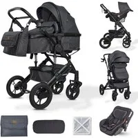 Bronea Kombi-Kinderwagen EXQUISE 2.0 Kinderwagen 3-in-1 GRAU/SCHWARZ mit BUGGY, AUTO-BABYSCHALE, HOCHWERTIGES MODELL, Wickeltasche, Regen-, Mücken- & Sonnenschutz