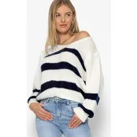 SASSYCLASSY Strickpullover Oversize Pullover Damen mit V-Ausschnitt Elegant Strickpullover mit Streifen aus weichem Grobstrick Schwarz Beige Grau