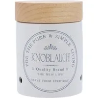 KHG Vorratsdose für Knoblauch aus Steinzeug mit Akazienholzdeckel und Belüftung, Steingut, Belüftete Aufbewahrungsdose für Knoblauch – stilvoll & langlebig